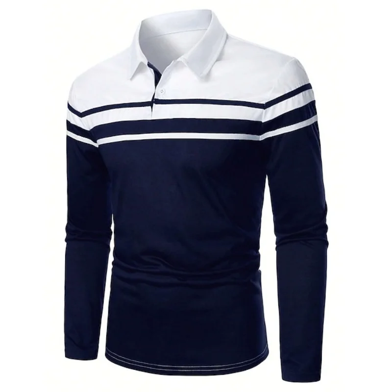 

Men's 3D Print Patchwork Color Polo Shirt Simple Design Comfortable Lapel Button Tops Autumn Street Long Sleeve Clothes For Male