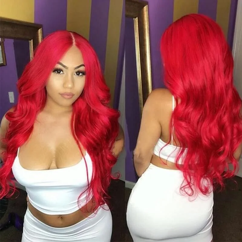 Wig merah panas Wig depan berenda sintetik gelombang tubuh untuk wanita Wig tahan panas siap untuk rambut sintetis Wig renda merah Cosplay