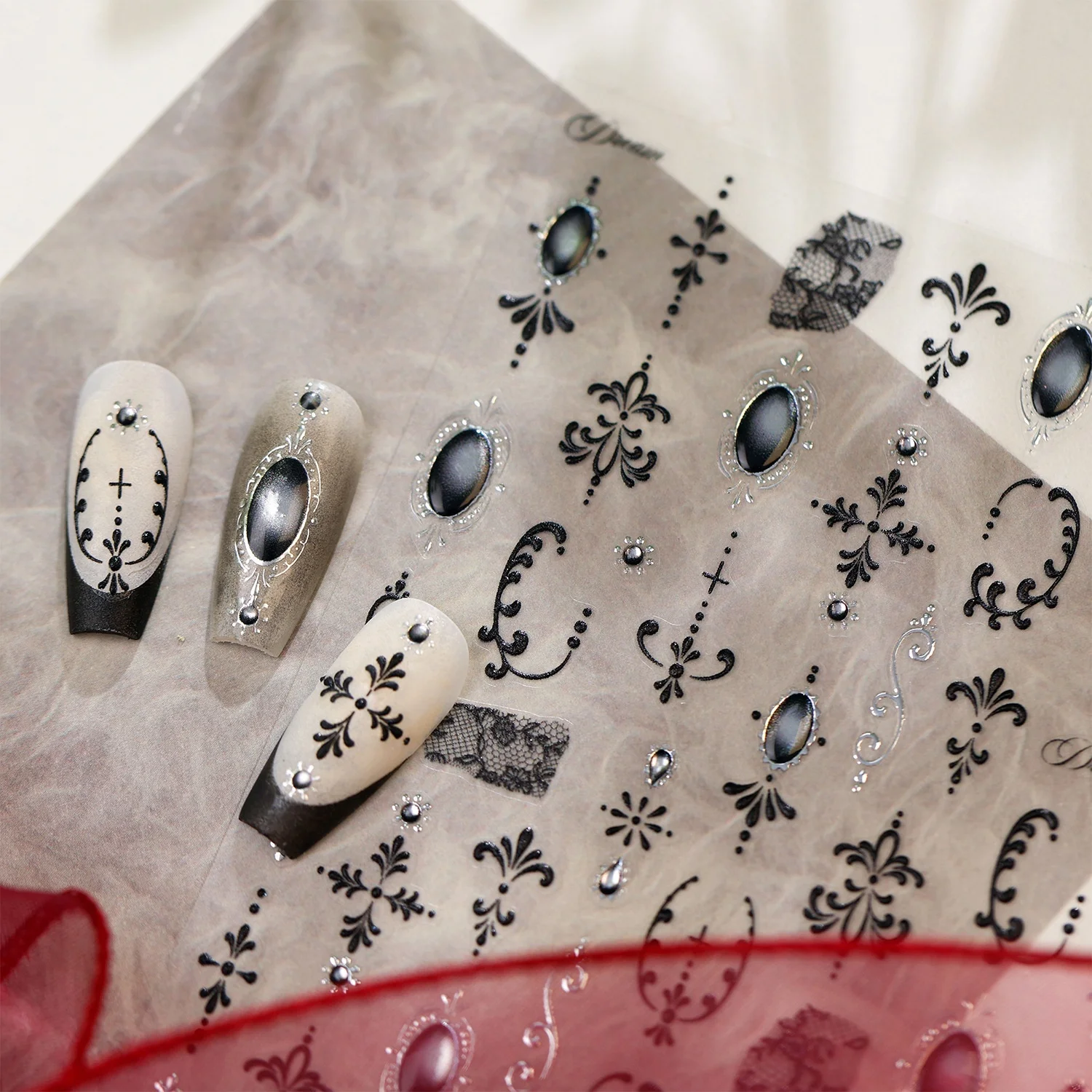 Vintage Black Lace Gem 5D Nail Stickers European Scroll Oval Imitation Gem Hollow Lace Court French Luxury Self Adhesive Decals