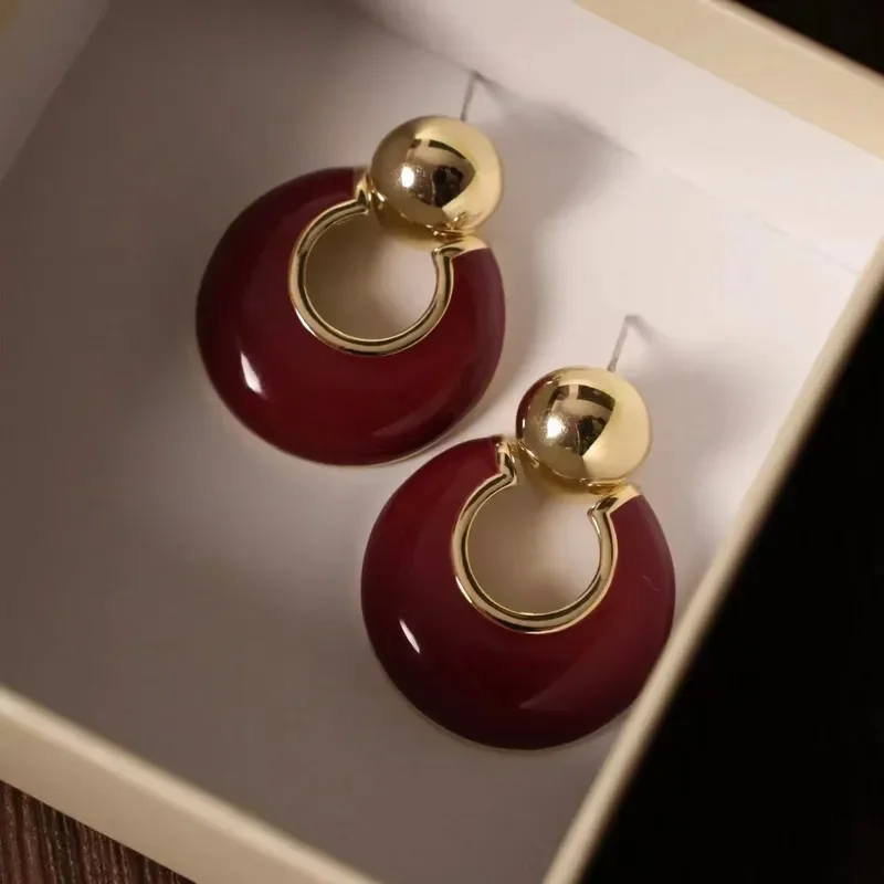 Vintage Hong Kong style enamel dripping angola red earrings vintage copper plated 18k gold trendy geometric earrings earrings