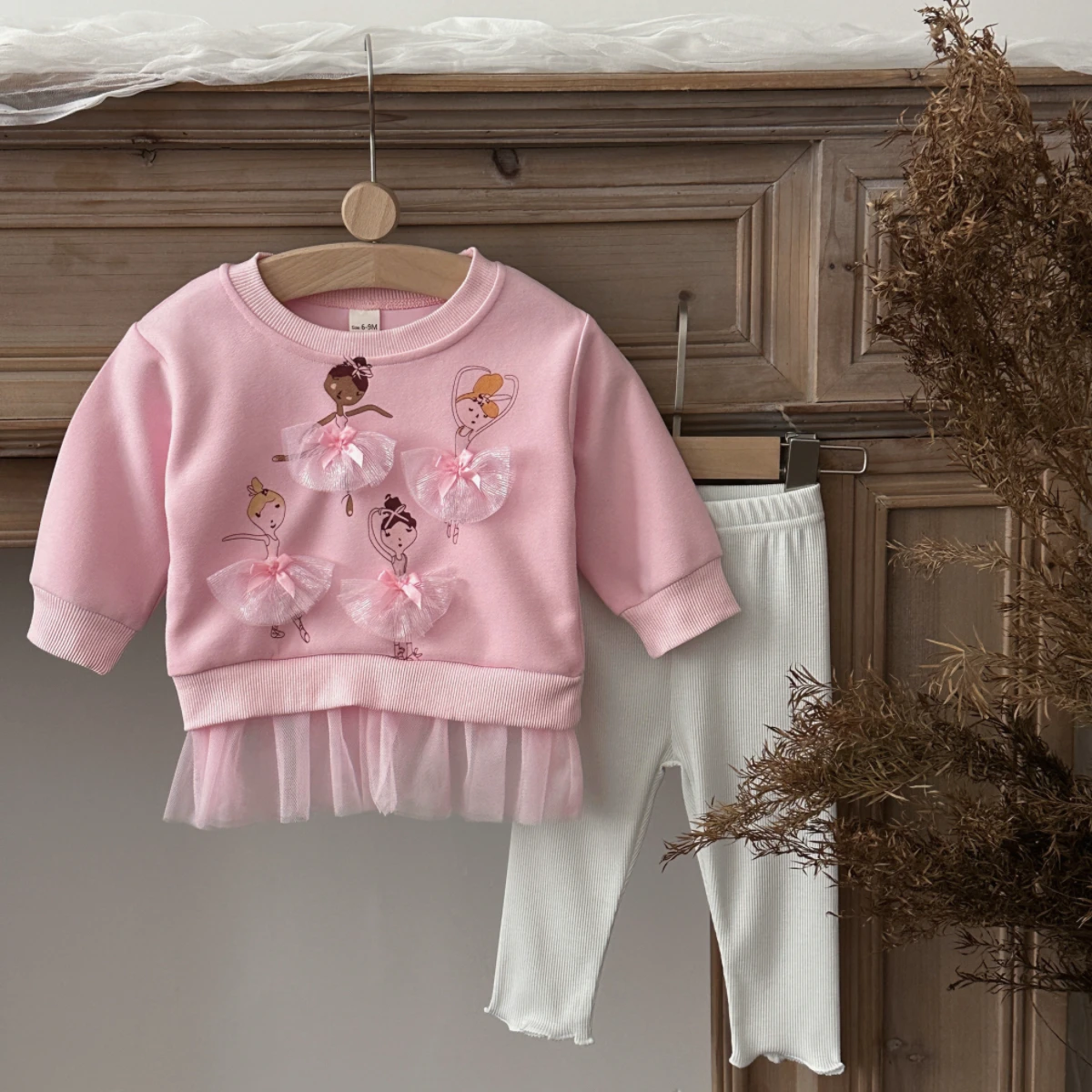Koreanisches Prinzessinnen-Set für Mädchen, Frühling/Herbst, Ballett-Sweatshirt mit Tüllsaum, weiße Rüschenleggings, 2-teiliges Kinder-Outfit – Detail 5