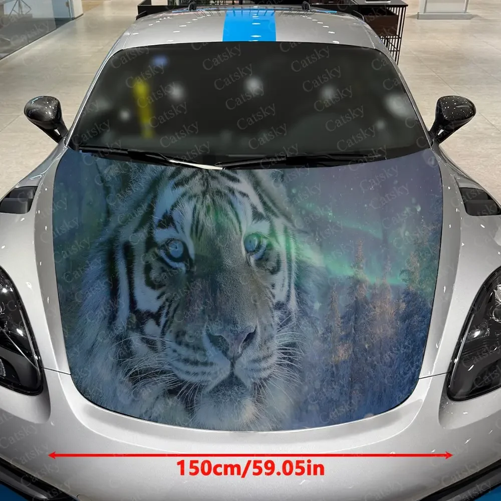 Ice Forest Snow Tiger Car Vinyl Wrap, PVC Waterproof Car Hood Sticker, Self-Adhesive Scratch-Resistant Stickers for Engine Cover