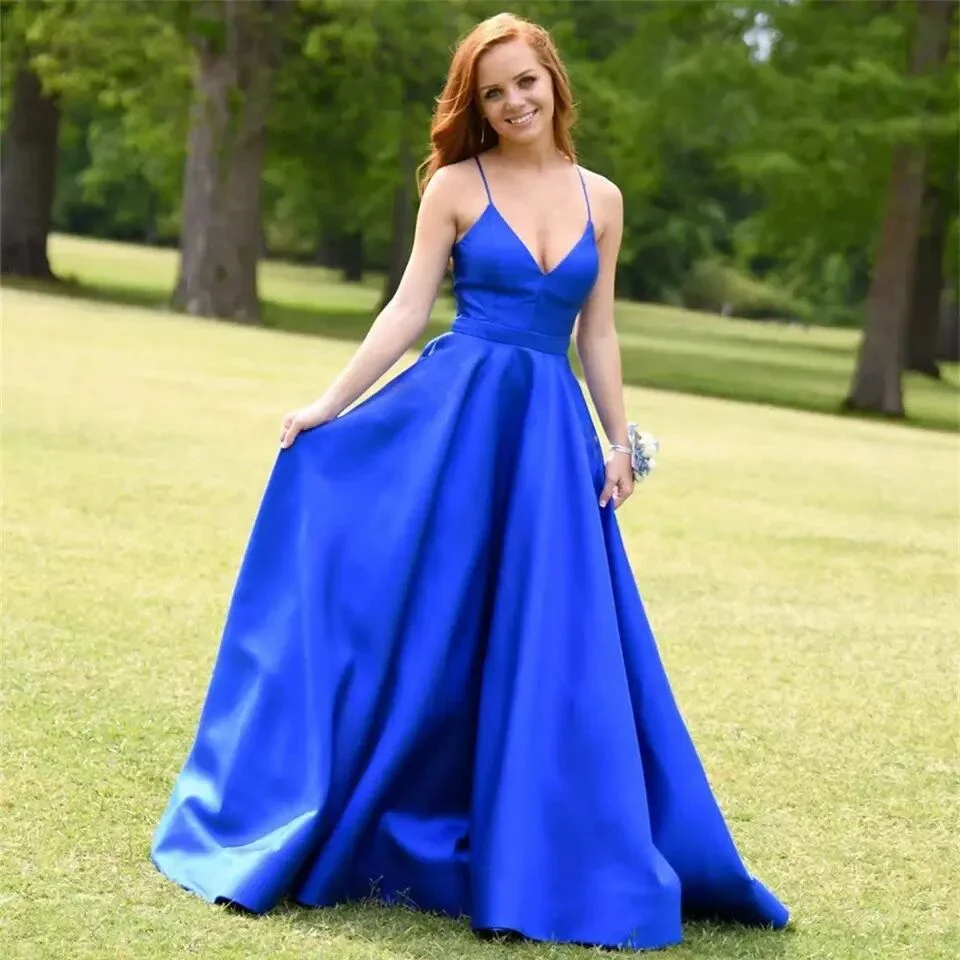 

Spaghetti Straps Sleeveless Evening Dress For Women 2023Backless Satin Sexy Lace-up Formal Party Gown Royal Blue Simple