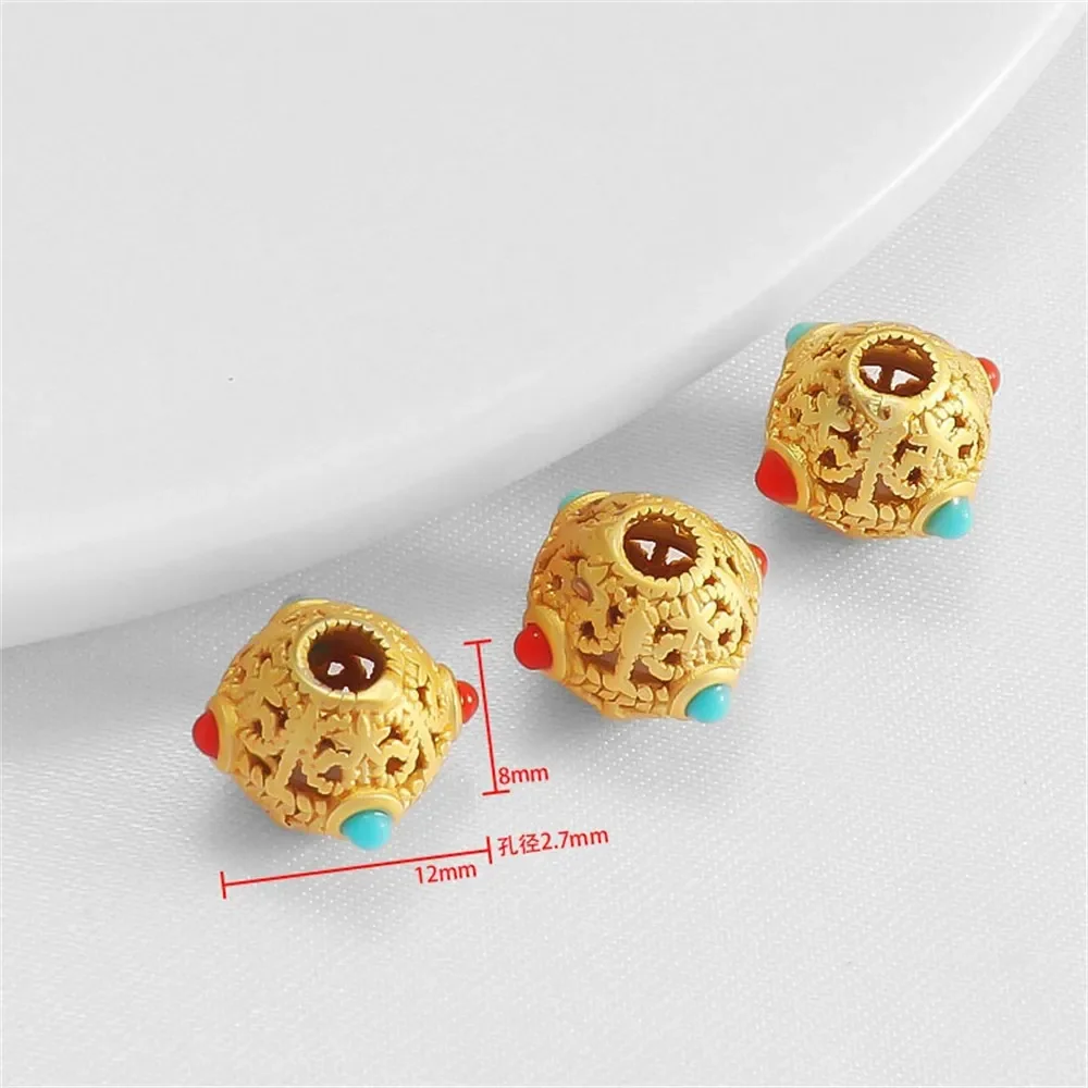 

18K Matte Gold Color Preservation Red Green Zircon Cylindrical Hollow Pattern Round Flat Bead DIY Bracelet Necklace with Beaded