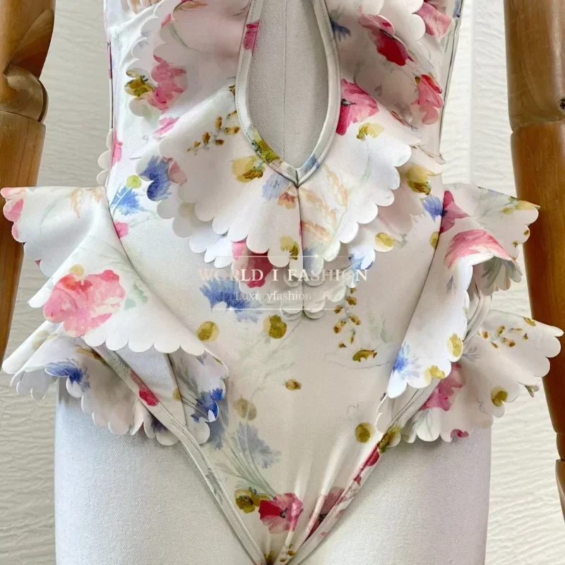 

New Stretchable Overall Self Tie Back Floral Print Sleeveless Lace-up Women Bodysuit Swim Wear Beach Style Hot 2025