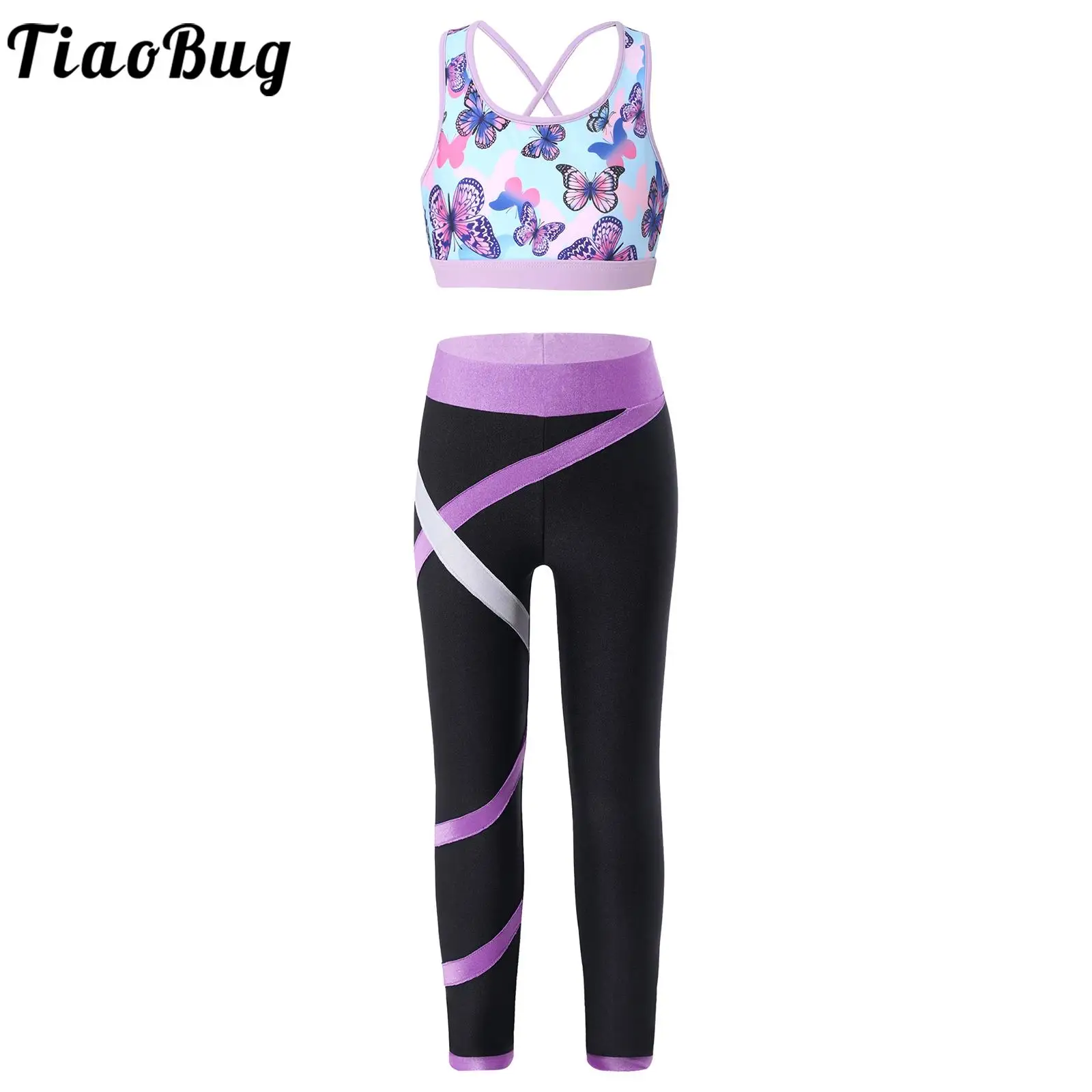 

Kids Girls Sportswear Workout Gymnastics Outfits Sleeveless Racer Tanks Crop Top with Leggings Gym Sports Swimming Activewear