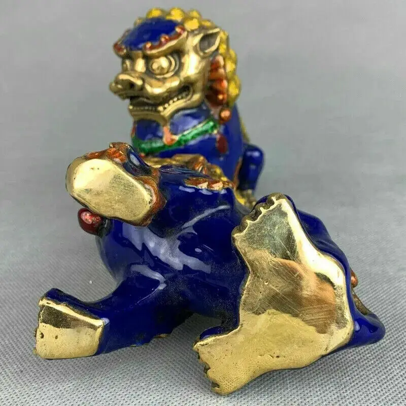 الصين فنغشوي مصوغة بطريقة المينا البرونزية فو فو الكلب الحرس الأسد تمثال زوج #5