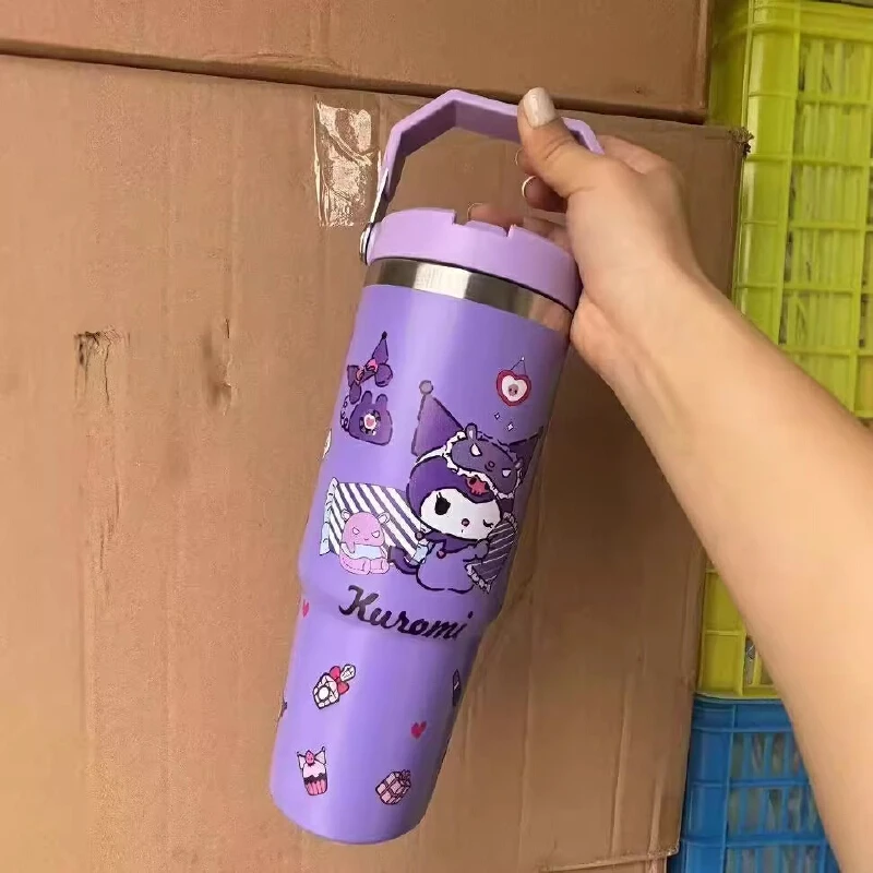 Sanrio Anime Peripheral Handheld Cold Bottle Thermos Cute Cartoon Hello Kitty Kuromi Stainless Steel Car Cup Portable Double-Lay