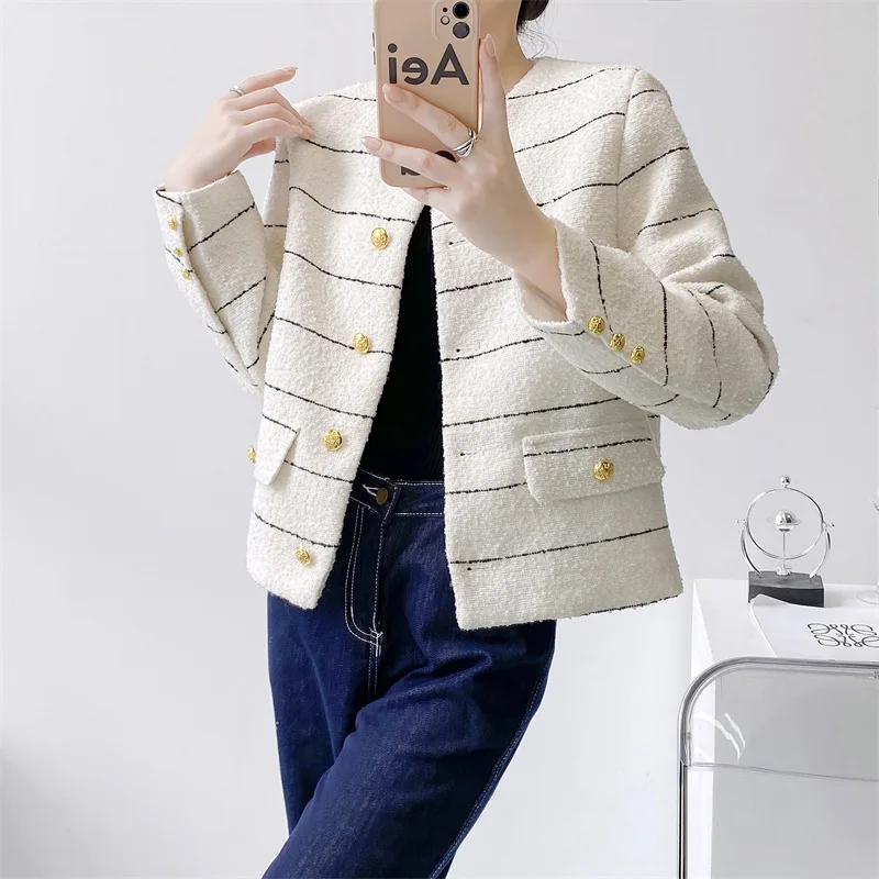 

Women Elegant Striped Jacket Long Sleeve Buttons Cropped Jacket 2023 Autumn Office Lady O Neck Chic Short Coats