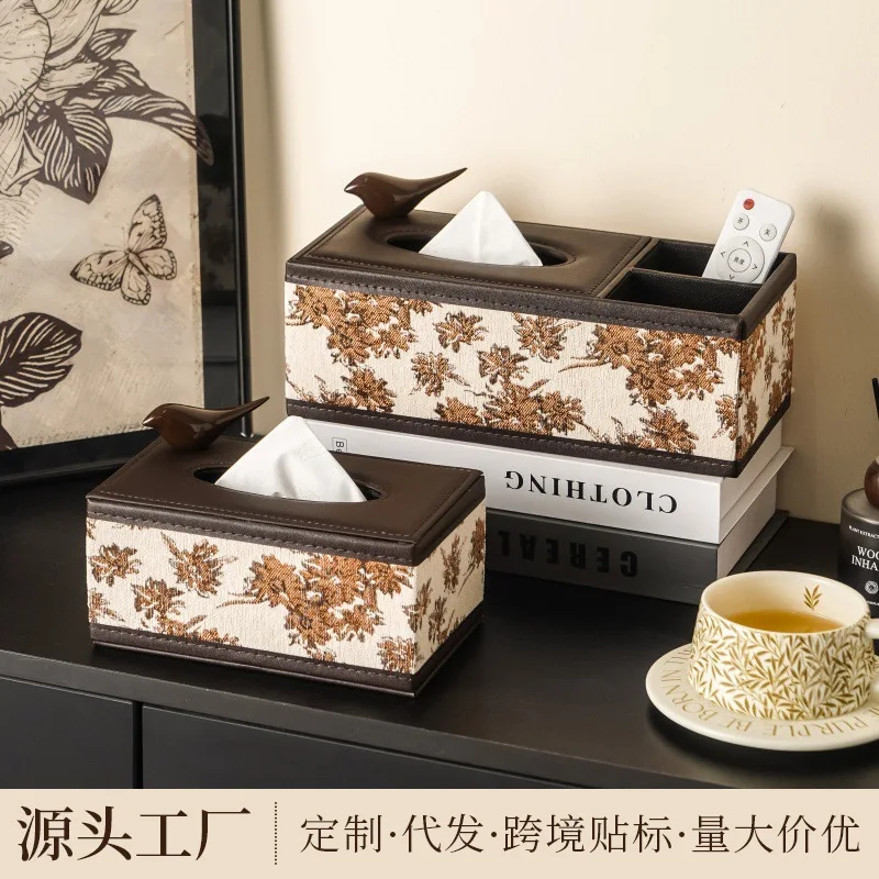 Medieval embroidery leather tissue box, multi-functional countertop grid storage box, high-value extraction fabric meal carton
