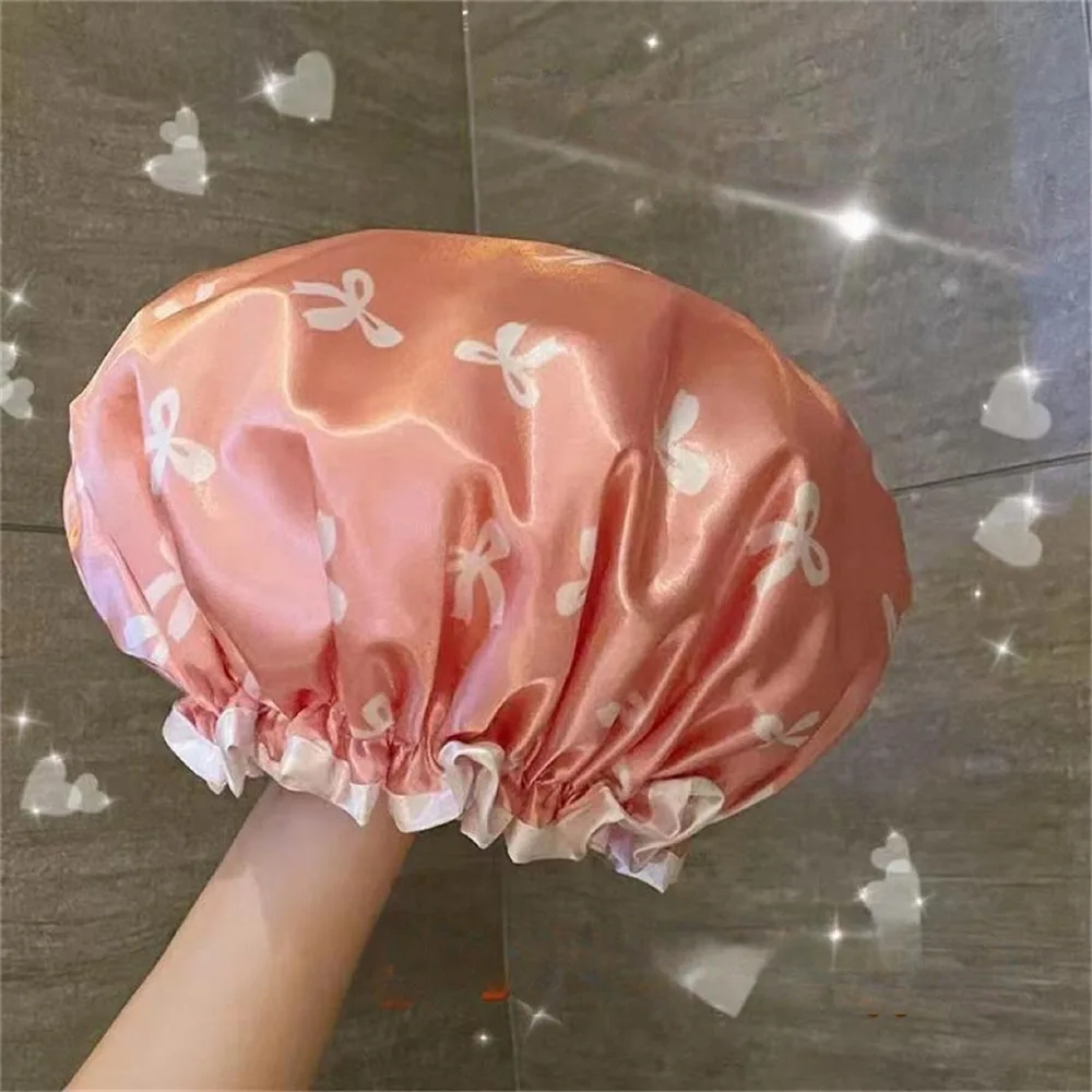 Double-layer Shower Cap Printed Bonnet Waterproof with Elastic Comfortable for Women children Hair Cover Bath Hat