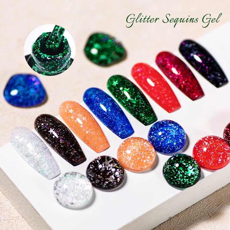 MEETACROSS 7ml Green Glitter Sequins Gel Nail Polish Snowflake Christmas Series Nails Nail Art Semi-permanent Nail Polish UV Gel