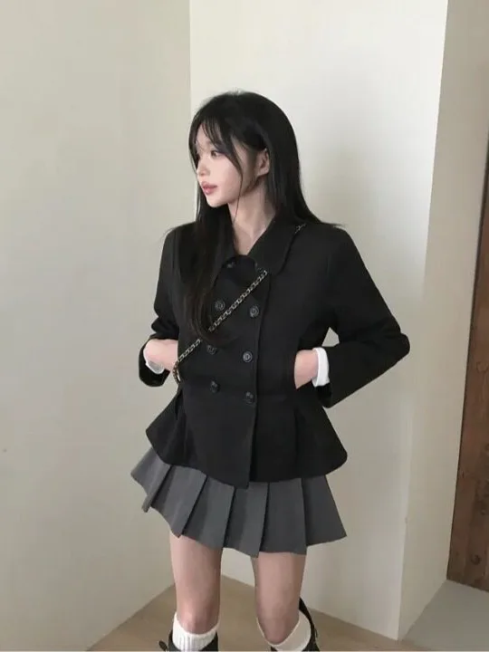Chic Sweet Girl Double Row Button Shoulder Long Sleeve Waist Inward Jacket Korean Style Polyester Fiber Short Outerwear