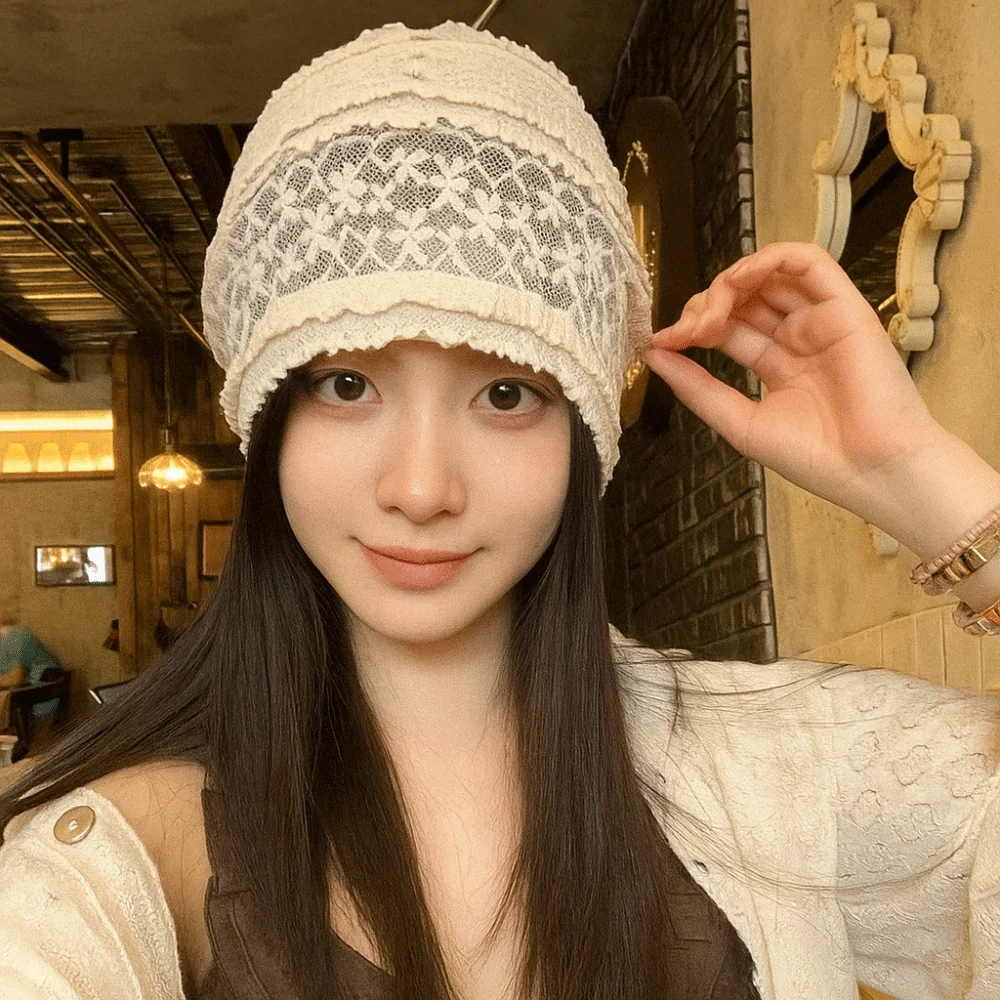 

Cute Hollow Out Embroidered Lace Hat Y2k Spicy Girl Beanies Hat Breathable Thin Flower Cap Outdoor