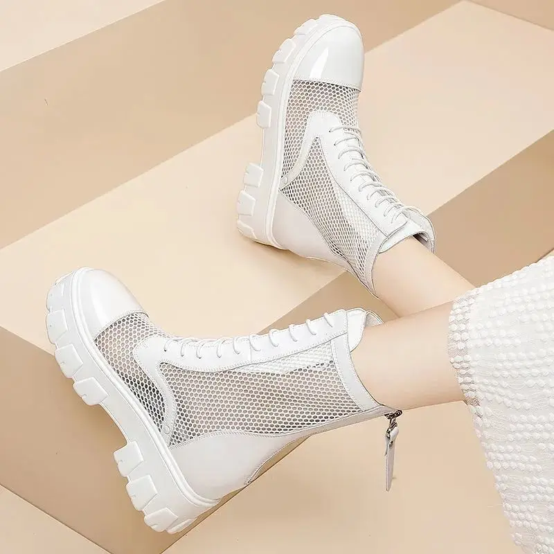 2022 Summer New Platform Ankle Boots For Women Black White Mesh Breathable Sandals Casual Shoes Woman Zip Thick Bottom Booties