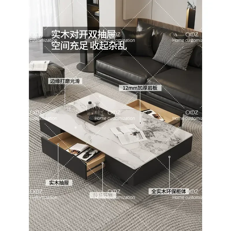 Solid Wood Rectangular Coffee Table with Stone Top Modern Simple Design for Living Room Apartment Home Furniture High End