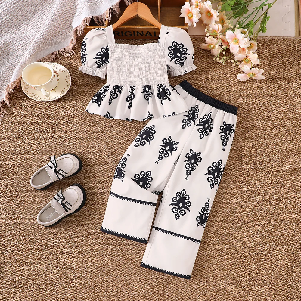 Girls' spring and summer new style bubble sleeve small skirt top+straight leg pants long pants two-piece casual set