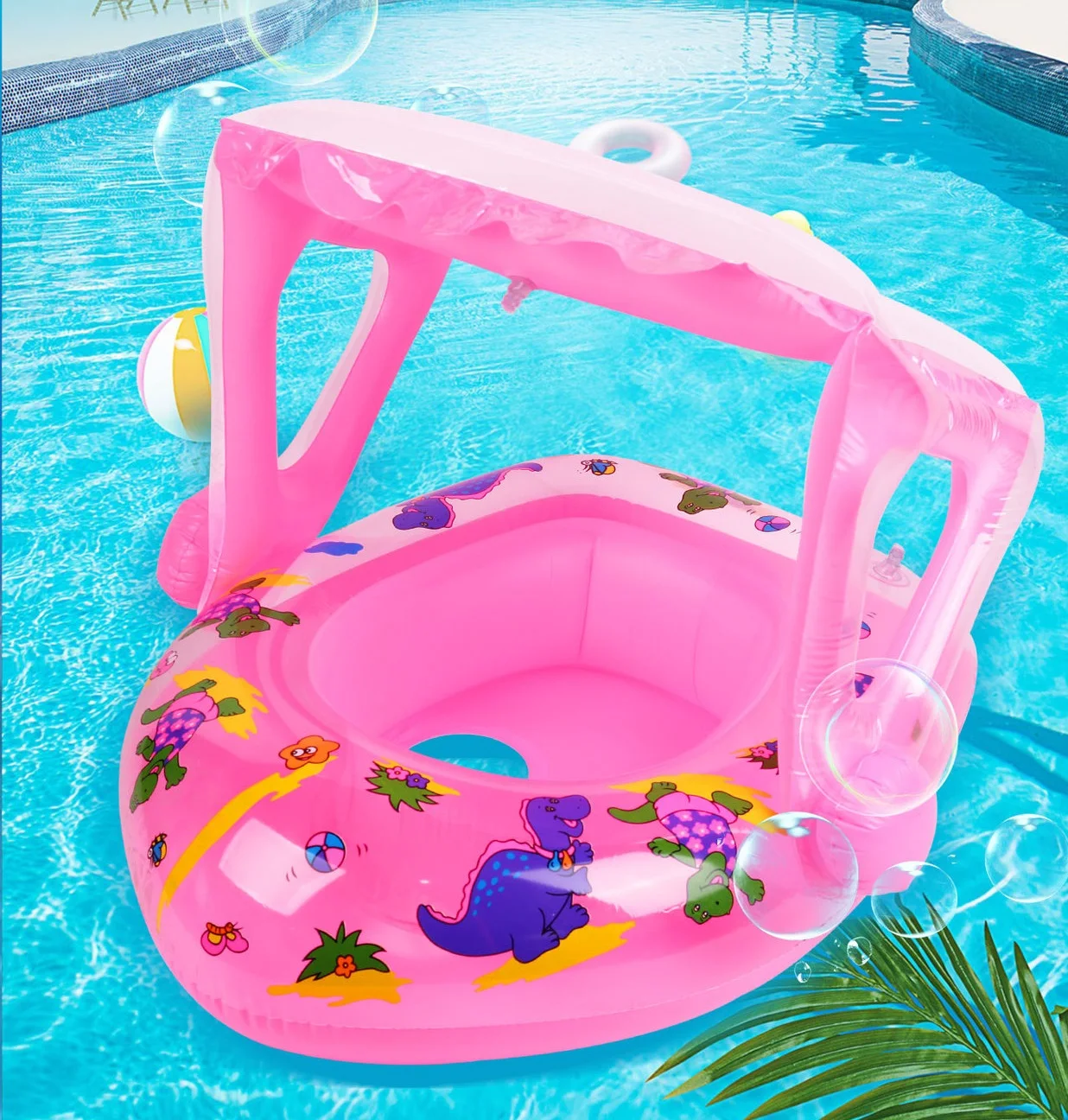 Inflatable Pool Float with Canopy Pink Swimming Ring with Seat Summer Water Toy for Toddler