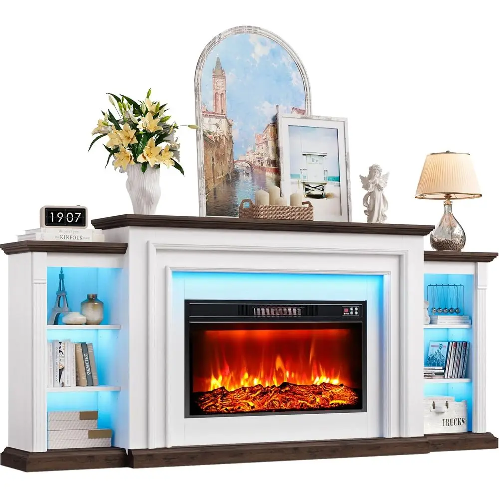 

90 Electric Fireplace TV Stand, Entertainment Center with Mantel, Freestanding Heater, Adjustable Flame, Remote, LED Lights, Sty