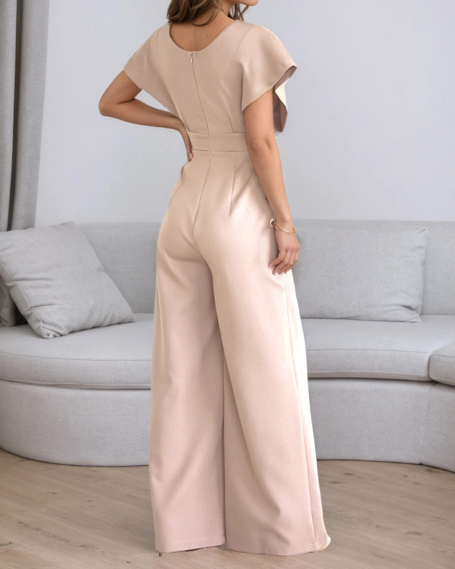 섹시한 딥 브이넥 하이 웨이스트 여성 반팔 점프 슈트 봄 가을 패션 우아한 독특한 흰색 여성 오피스 Rompers