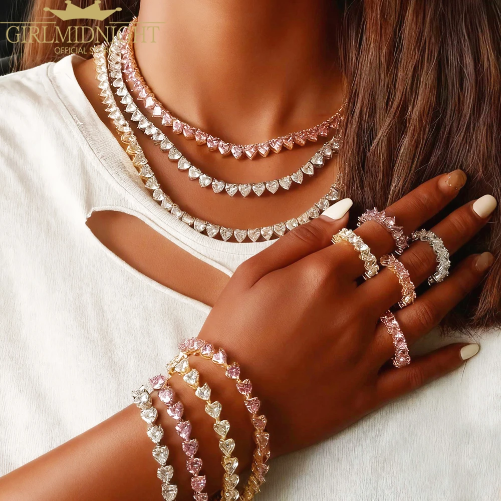 2025 Iced Out Bling 5A Cubic Zirconia Heart Cz Tennis Chain Necklaces For Women Men Valentine\'s Day Gift Fashion Set Jewelry