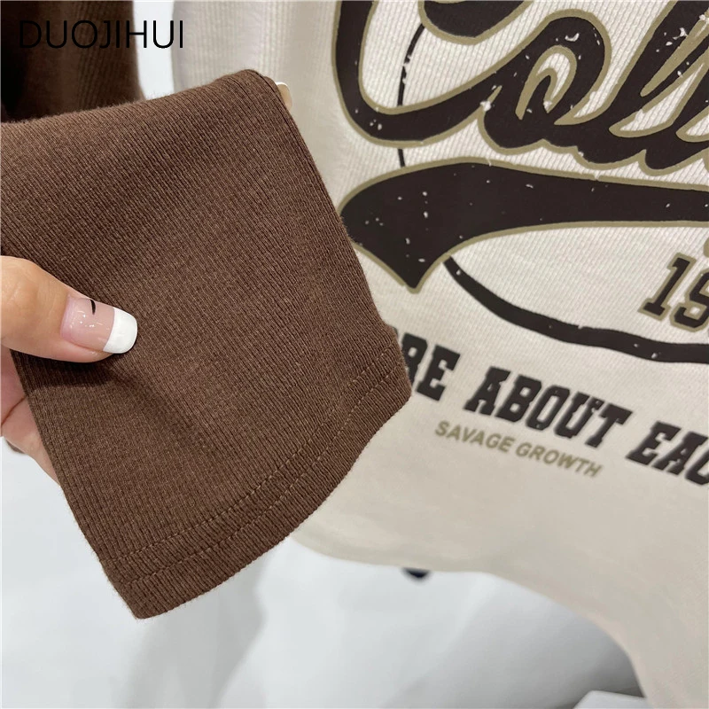 DUOJIHUI Spring Chic Letter Printing Simple Slim Female T-shirts Basic Long Sleeve Contrast Color Fashion Casual Women T-shirts