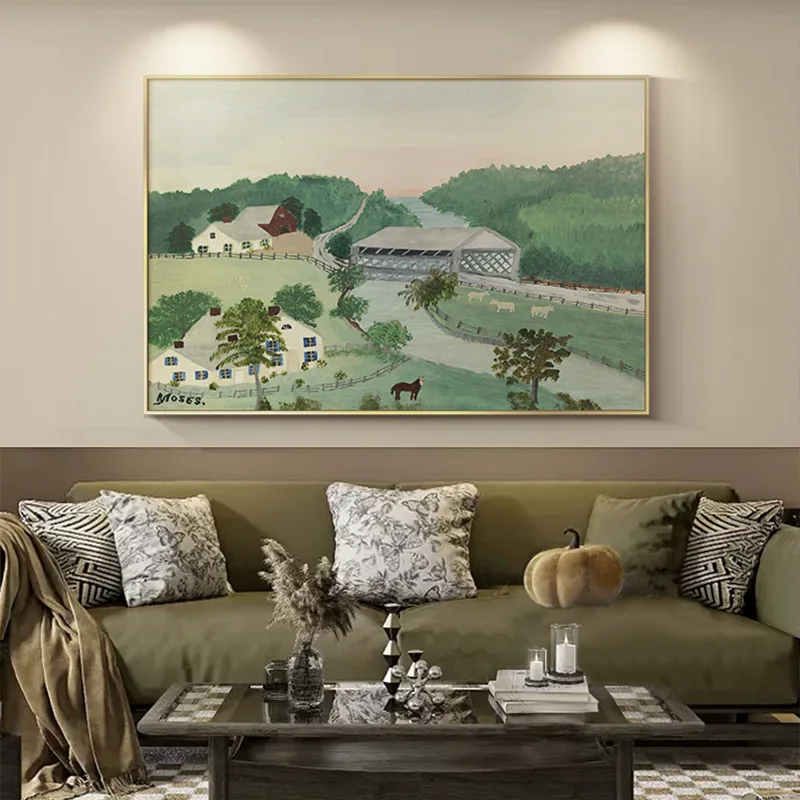 

Pastoral style living room decoration rural scenery log style dining room background wall painting cure