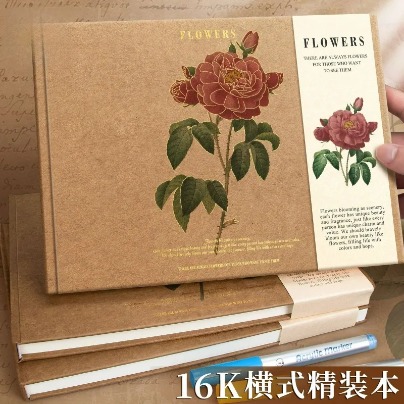 

Retro Blank Floral B5 Horizontal Hardcover Notebook Extra Thick Diary Red Rose Yellow Rose White Camellia 88 Pages