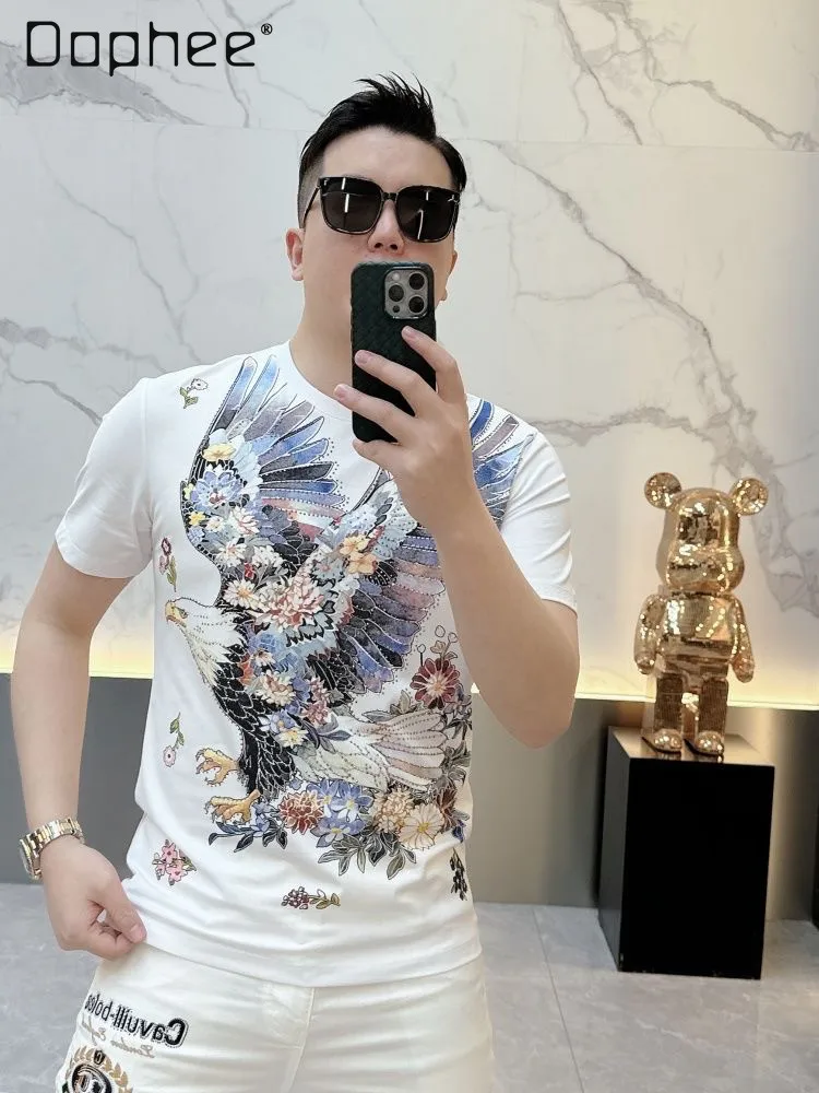 

Summer New Fashionable Versatile Handsome Men's Hot Diamond Flower Eagle Print White Casual Round Neck Short-sleeved T-shirt