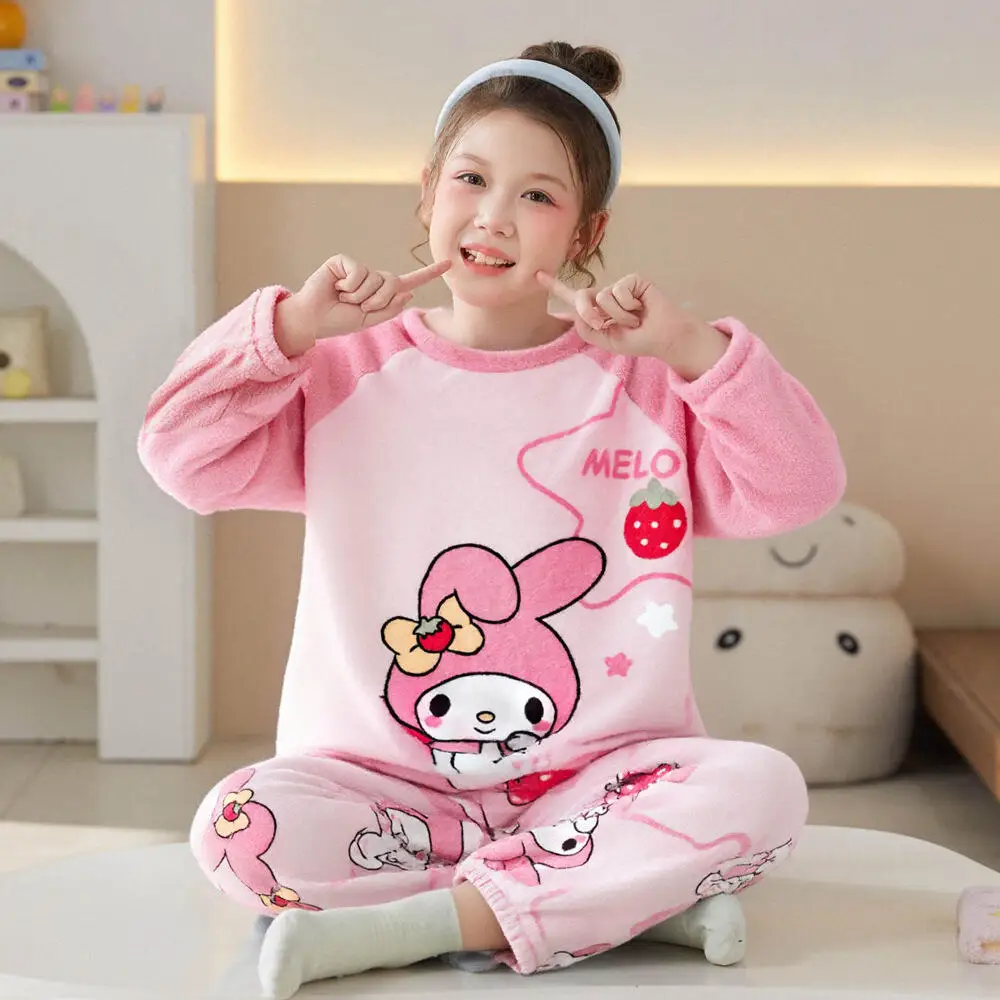حار سانريو مرحبا كيتي kuromi الفتيات منامة الخريف/الشتاء سميكة س الرقبة الفانيلا الوالدين والطفل الزي ملابس المنزل مجموعة المرجان المخملية