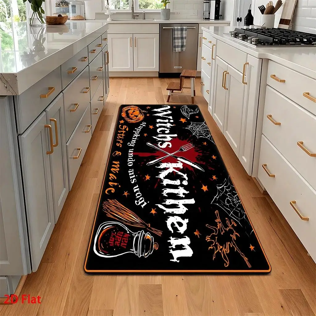 1pc, 2pcs, 3pcs, 2D Flat Kitchen Floor Mat Set, Witches Kitchen Halloween Themed Floor Rug, Spooky Pumpkin And Witch Hat Design, Gothic Horror Style, Festive Holiday Decoration, Easy-To-Clean Decorative Kitchen Mat