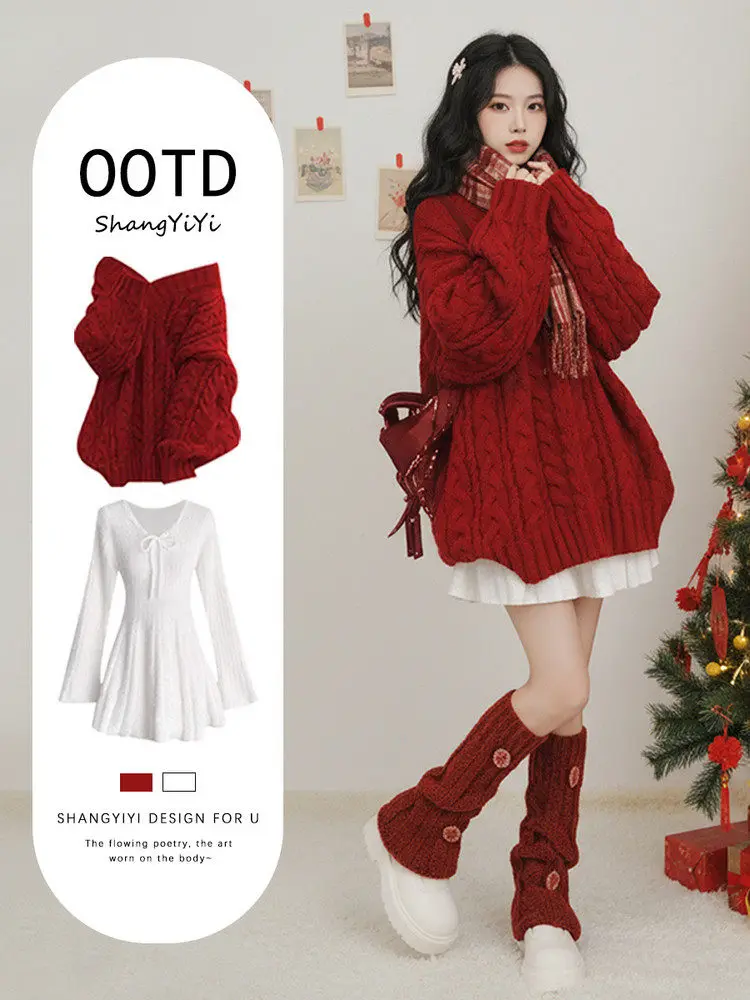 

Red Soft Cozy Winter Sweater Dress Women's Fashionable Korean Style Long Sleeve V-Neck Knitted Polyester Fiber Dress