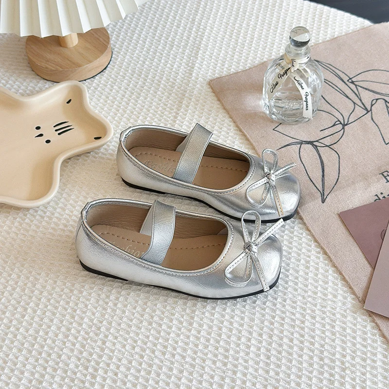

Kids'Casual Shoes Solid Color Bow PU Leather Spring Shoes For Girls Velcro Soft Bottom Anti-slip Silver Shoes Size 26-37