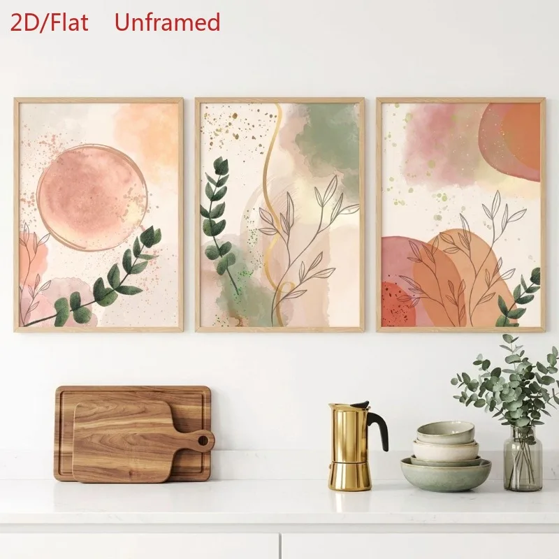 2D Flat, 2D Flat Set of 3 Boho Botanical Abstract Plant Canvas Print Posters Watercolor Blush Terracotta Wall Art Po