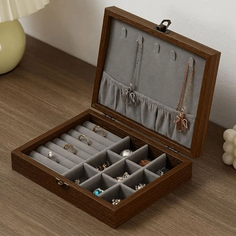 Walnut Wood Jewelry Organizer Box Hinged Lid Metal Latch Glass Lid Velvet Lined Removable Divider Velvet Interior