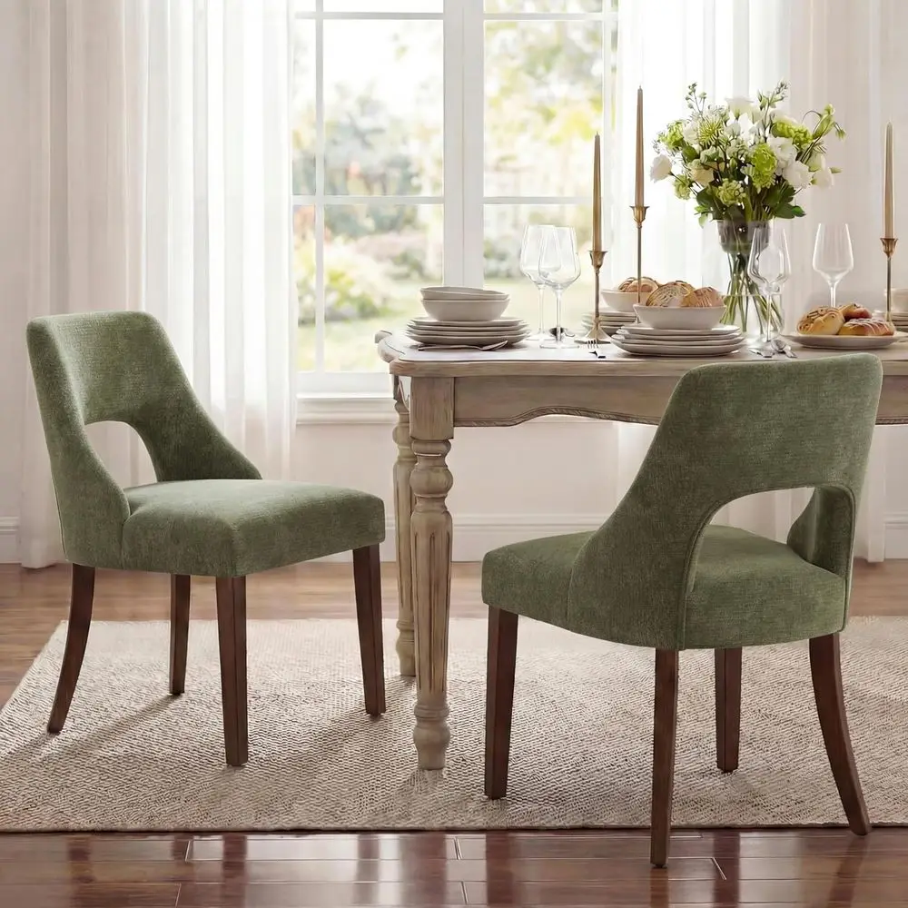 

Green Chenille Upholstered Dining Chairs Set of 2 with Solid Wood Legs for Kitchen Dining Room