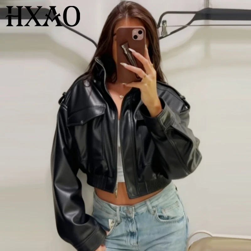 

HXAO 2025 женские укороченные кожаные куртки зеленые, черные пальто женские куртки-авиаторы на молнии с длинными рукавами уличная модная верхняя одежда