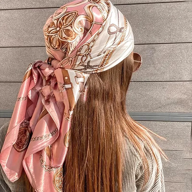 1PCS 90*90cm Square Silk Scarves Women Hijab Shawls Fashion Print Kerchief Femme Head Scarf Foulard Bandana Beach Pareo