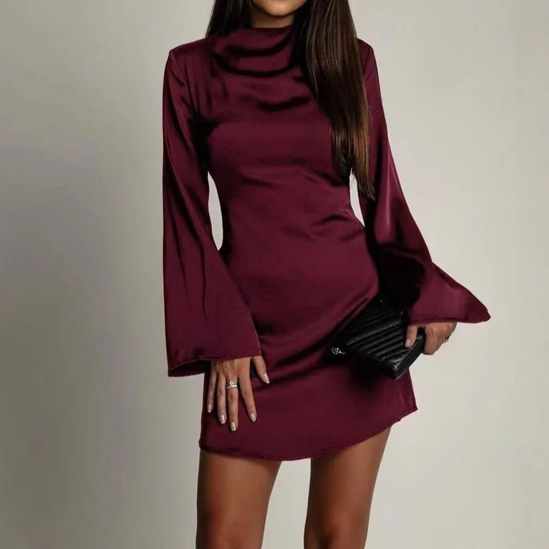 เดรสลำลองแขนยาวทรงเอสำหรับผู้หญิง แฟชั่นเอวสูงทรงเข้ารูป มินิเดรสหรูหรา คอทรงโอ ผูกเชือก ผ้าซาตินสีพื้น สำหรับงานปาร์ตี้