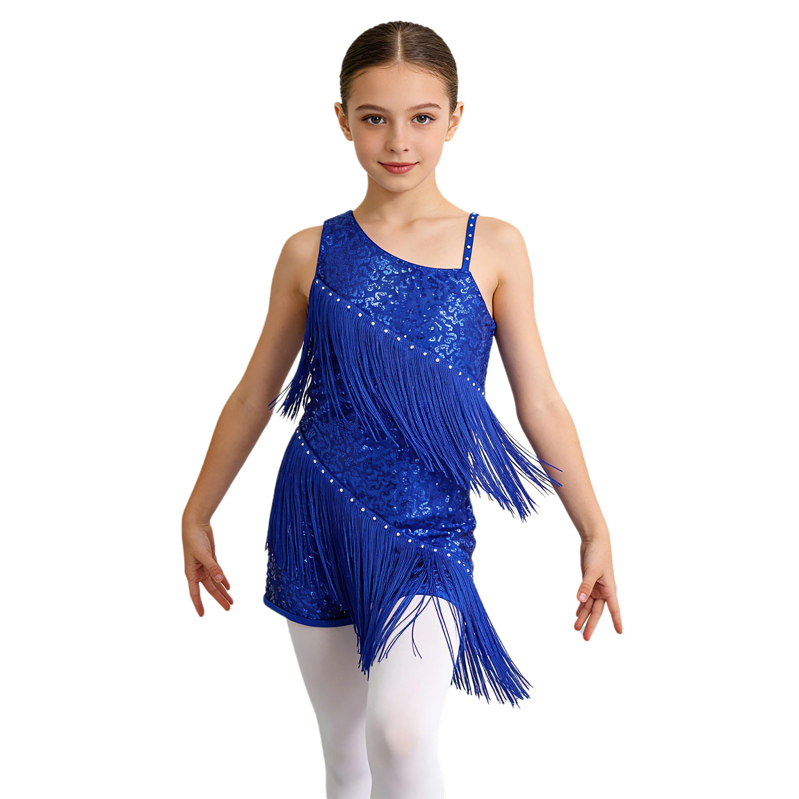 

Teen Girls Latin Dance Dress Tango Cha Cha Rumba Samba Skating Leotard Sleeveless Sequin Rhinestone Tassel Bodysuit Dancewear