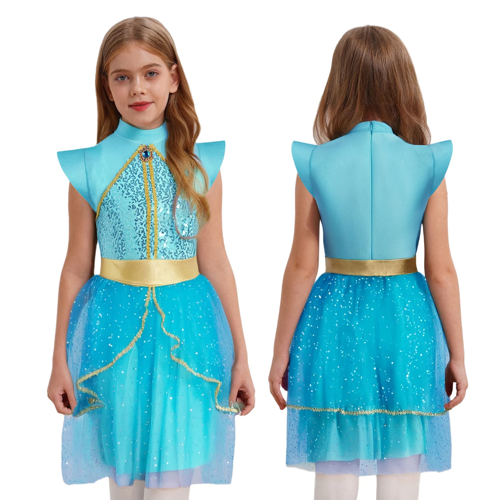 

Girls Arabian Princess Dresses Halloween Cosplay Costumes Sleeveless Rhinestone Golden Woven Tape Sequins Dress for Fancy Party