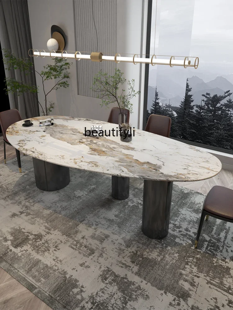 Minimalist rock slab luxury stone dining table and chair combination modern light luxury oval water drop dining table