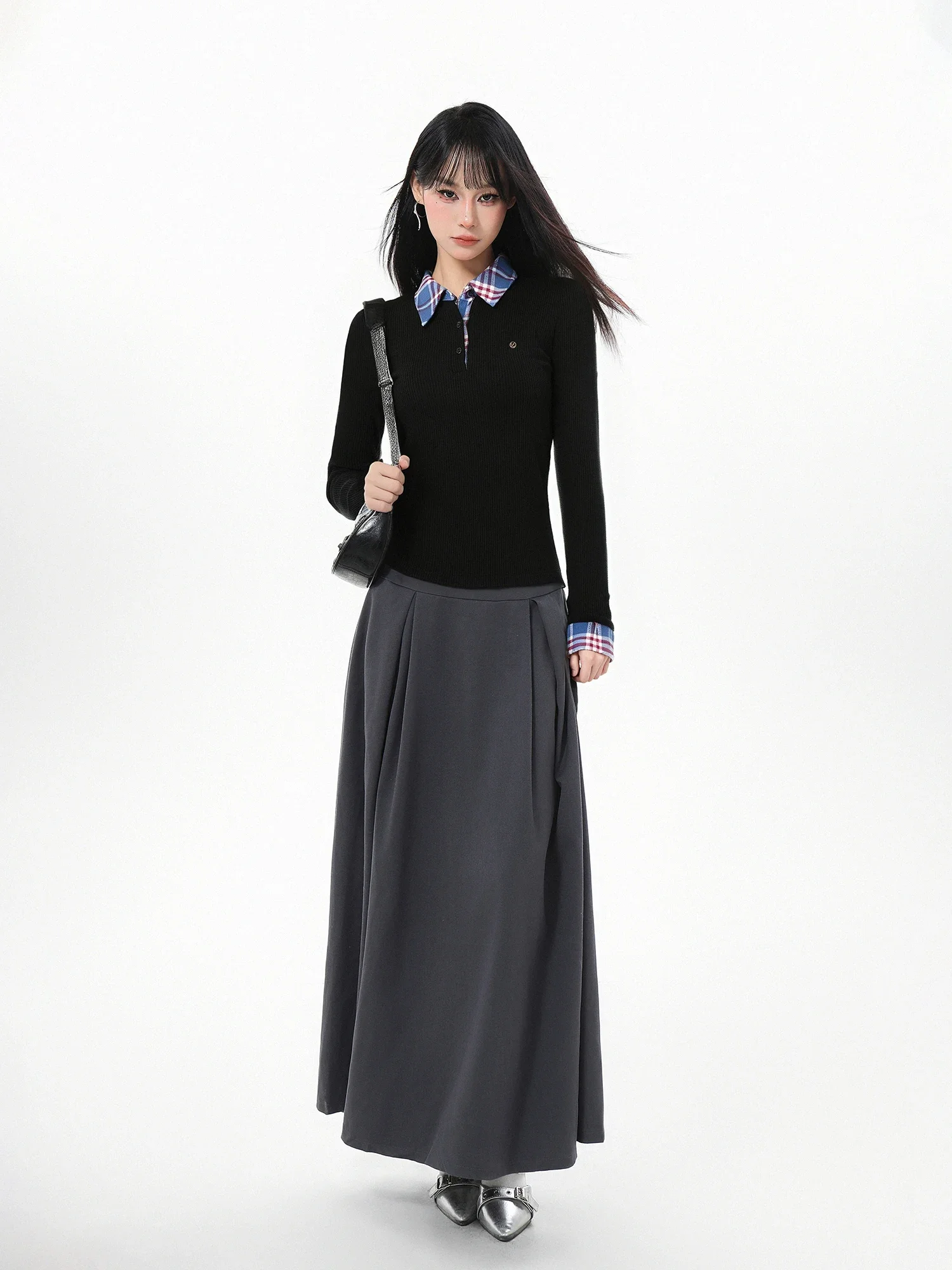 黒のチェック柄偽 2 長袖ニットウェア女性の秋と冬のショートスリムフィット Tシャツトップファッション女性服