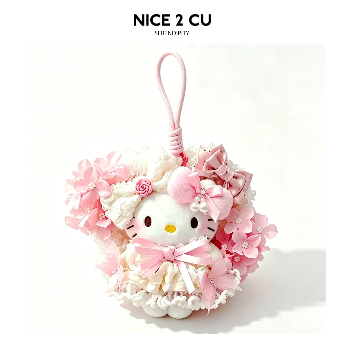 Cartoon Hello Kitty Angel with Wings Plush Wreath Hanging Decor Satin Bowknot Pink Rose Lace Car Pendant Backpack Lanyard