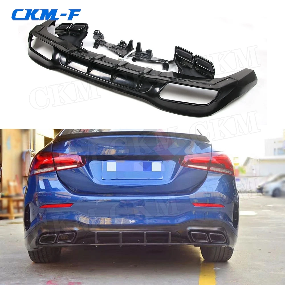 PP Black Rear Diffuser For Mercedes Benz A Class W177 A180 A200 A250 A35 2019 2020 304 Stainless Steel 4 Outlet Exhaust Tips