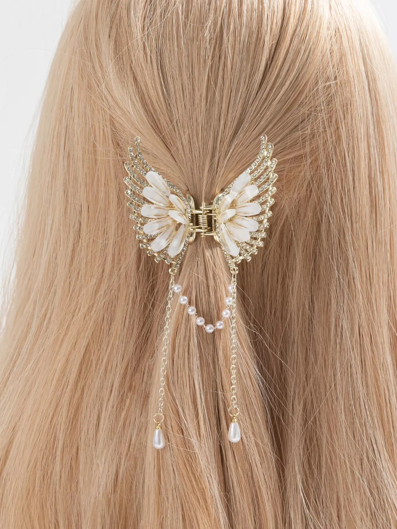 

1pc elegant angel wing hair clip female back head fairy cat eye stone half ponytail butterfly tassel grab ponytail clip