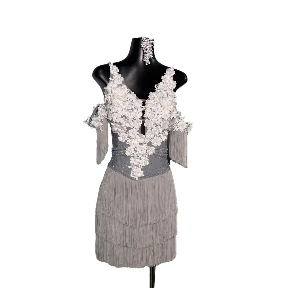 ラテンダンスの大人と子供のドレス、ラインストーンのハイエンドカスタムグレーの花柄ドレス、正確なタンゴの婦人服