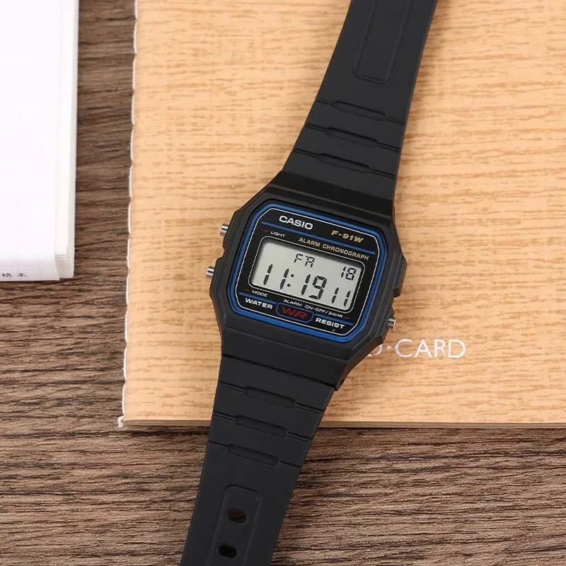 Casio F-91W-1 Retro Digital Watch 38.2mm Square Case 30M WR LED Light 1/100 Stopwatch Alarm 7-Year Battery Unisex