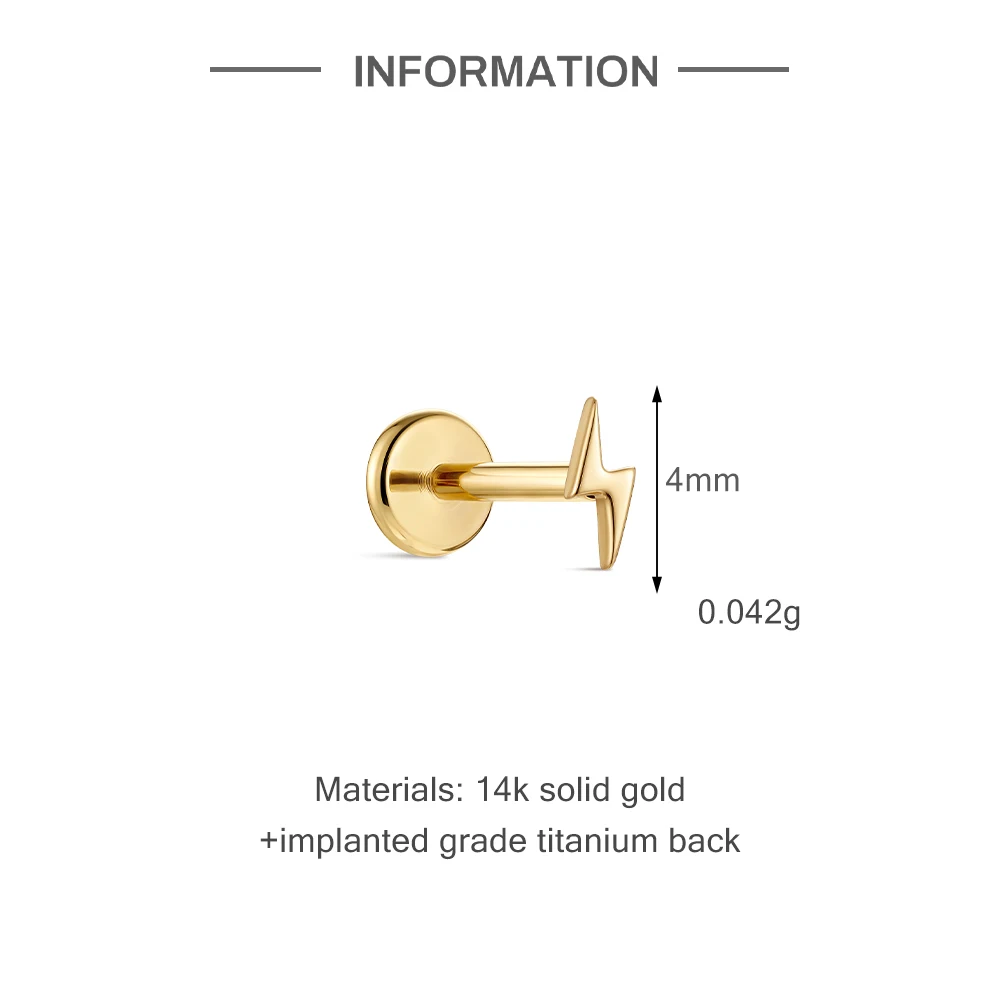 Aide 5mm 6mm 8mm Real 14K Gold Lightning Stud Earrings for Women G23 Flat Back Ear Bone Studs Elegant Halloween Party Jewelry