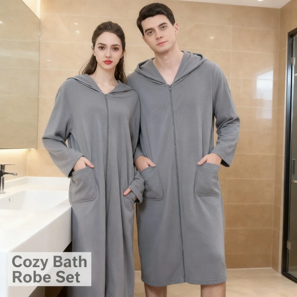 BedtimeHome Relaxation Comfortable Couples' Zipper Hooded Bath Robe Thin Fabric Pajama Attribute Perfect for Morning